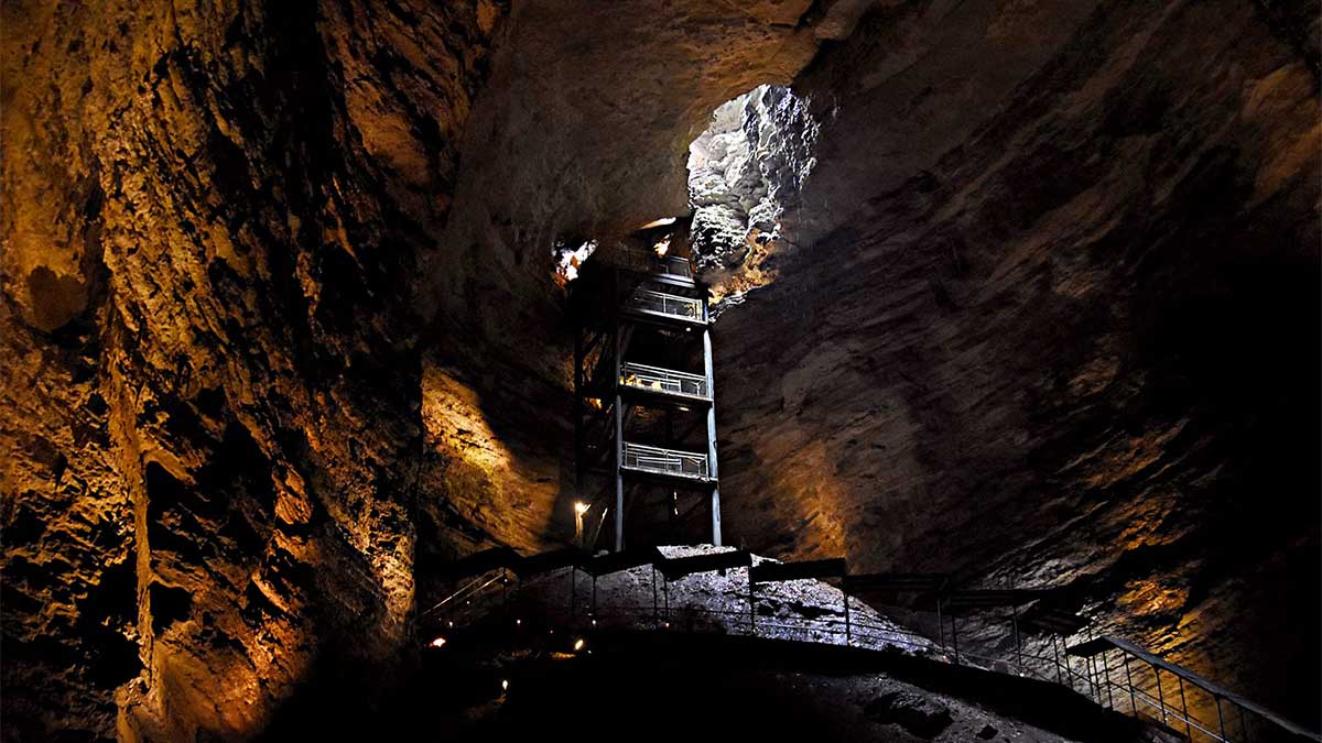 Close up of the ladder entrance to Marvel Cave from the inside at Silver Dollar City in Branson, Missouri, USA